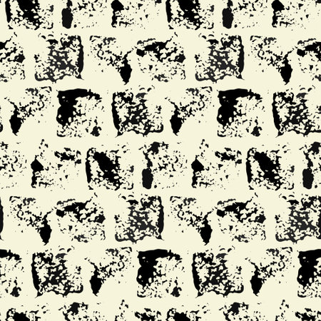 Seamless pattern, repeat texture with square paint prints. Abstract surface graphic design, geometric pattern with black ink blots on white background. Vector illustration.のイラスト素材