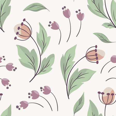 Seamless floral pattern, cute decorative print with wild plants in pastel colors. Pretty botanical design with hand drawn berries on branches, leaves, small flowers on a light background. Vector.のイラスト素材
