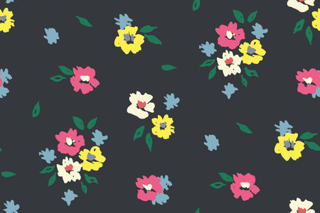 Seamless floral pattern, liberty ditsy print of mini painted botany. Cute botanical design with simple hand drawn plants: small colorful daisy flowers, leaves on black background. Vector illustration.のイラスト素材