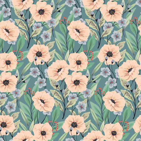 Seamless floral pattern, delicate ditsy print with vintage motif. Romantic botanical design with large wild flowers: hand drawn flowers, leaves, branches in pastel colors. Vector illustration.のイラスト素材