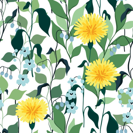 Seamless floral pattern, gentle botanical print with hand drawn wild plants on a white background. Romantic flower design with cute yellow dandelions, small flowers, large leaves. Vector illustration.のイラスト素材