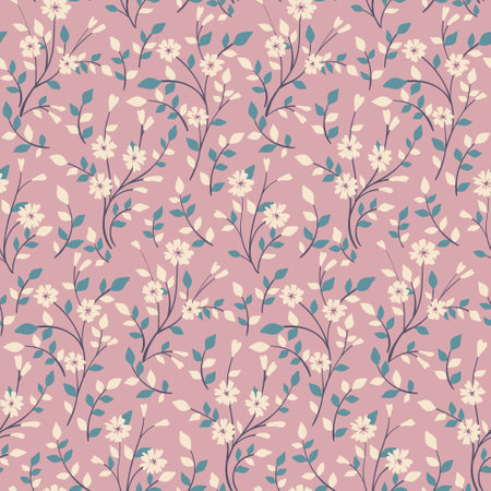 Seamless floral pattern, spring ditsy print with hand drawn pretty garden. Cute botanical design: small flowers, blooming branches, leaves on a delicate lilac background. Vector illustration.のイラスト素材