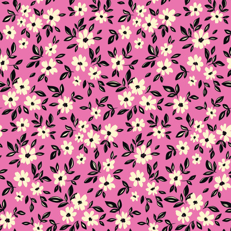 Seamless floral pattern, liberty ditsy print with tiny hand drawn flora. Artistic botanical design with small cute flowers, black leaves on hot pink background. Vector illustration.のイラスト素材