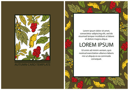 Card template, invitation with autumn botany. Pattern from hand drawn falling leaves, branches with berries on a brown background, a simple geometric frame for text. Vector illustration.のイラスト素材