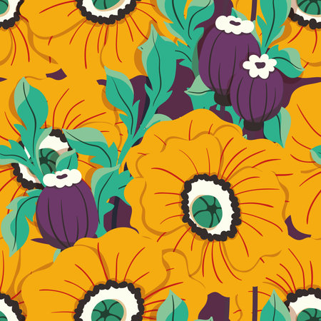 Seamless floral pattern, decorative ditsy print with large yellow flowers. Colorful botanical design...