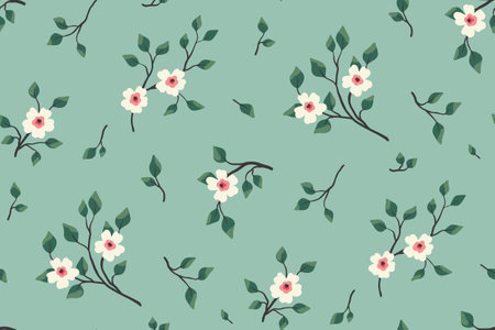 Seamless floral pattern, spring ditsy print of blooming twigs in vintage style. Cute botanical design with hand drawn plants: small flowers on branches, leaves on blue background. Vector illustration.のイラスト素材