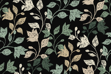 Seamless floral pattern with textured, stamped plants on a dark black background. Decorative ditsy print, botanical design with hand drawn wild flowers, leaves, branches. Vector illustration.のイラスト素材