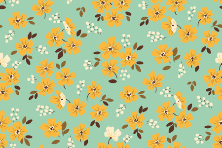 Seamless floral pattern, liberty ditsy print with retro motif. Pretty botanical design for fabric, paper: small hand drawn plants, tiny yellow flowers, leaves on a blue background. Vector illustrationのイラスト素材
