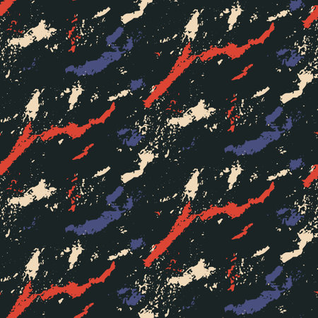 Seamless pattern, abstract repeat texture with distressed stripes in retro style. Graphic surface design, print with colored textured stripes, noise streaks on a dark background. Vector illustration.のイラスト素材
