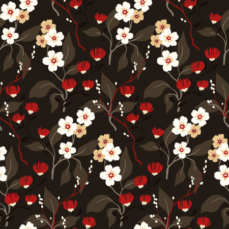 Seamless floral pattern, vintage ditsy print with Asian motifs. Elegant botanical design with hand drawn small flowers, leaves, branches on a dark background. Vector illustration.のイラスト素材