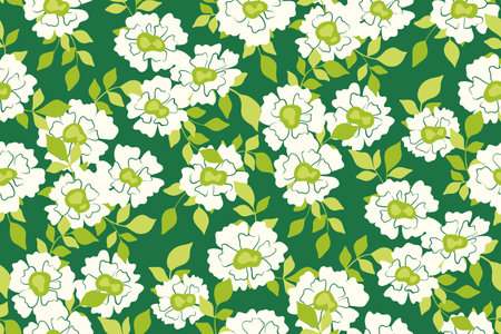 Seamless floral pattern, vintage ditsy print, ornament with hand drawn plants. Simple botanical design, drawing with white flowers, small leaves, branches on a green background. Vector illustration.のイラスト素材