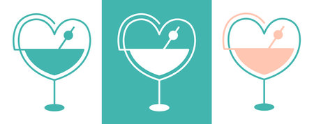 Set with heart - shaped martini glasses. Simple romantic design element, cute isolated glasses of drinks in collection. Graphic symbol for logo, emblem, icon, other. Vector illustration.のイラスト素材