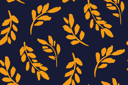 Seamless botanical pattern, floral print in two colors: hand drawn sketch leaves on a dark background. Vintage natural design with foliage silhouettes. Textile pattern in old fashion motif. Vectorのイラスト素材