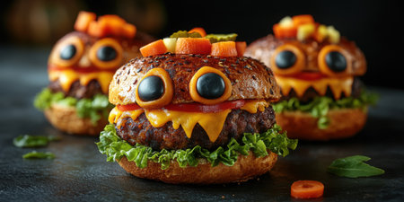 Three monster-themed burgers with olive eyes and carrot teeth on a dark background, perfect for Halloween parties and fun food ideas for kidsの素材