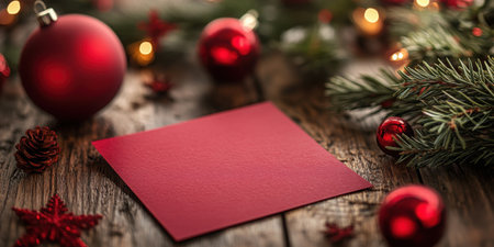 Festive Christmas background with red ornaments, pinecones, and a blank card on a wooden surface, perfect for holiday-themed content or greeting card designs.の素材