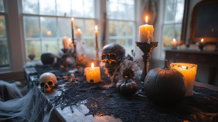 Eerie Halloween table decor with candles, skulls, and cobwebs in dim light, creating a spooky and festive atmosphere. AI generation.の素材