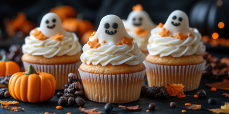 Festive Halloween cupcakes with ghost toppings and pumpkin decor set for a spooky treat. AI generation.の素材