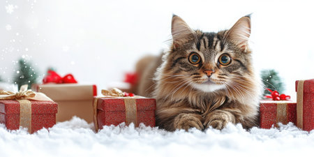 Fluffy tabby cat amidst Christmas gifts on snowy surface; festive holiday vibe. AI generation.の素材