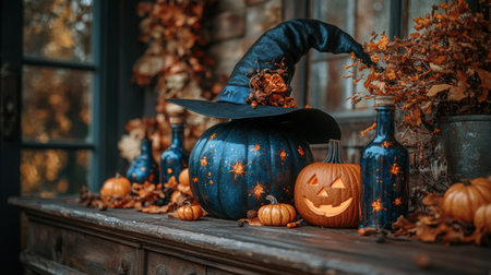 Festive Halloween display with blue witchâs pumpkin and autumn leaves. AI generation.の素材