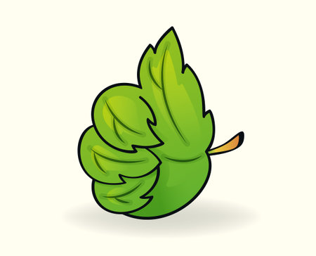 Thumbs up sign. Ecological approval symbol concept, design element with green leaf for sticker, logo, icon and other. Isolated gesture of approval by nature. Vector graphics illustration.のイラスト素材
