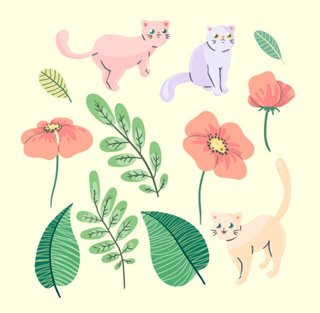 Set of elements. Cute cartoon cats, pretty hand drawn kittens, flowers and leaves, different plants isolated on a light background. Collection in pastel colors. Vector illustration, graphic design.のイラスト素材