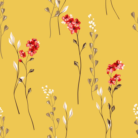 Seamless floral pattern, abstract nature print in elegant style. Elegant botanical wallpaper, textile design: small hand drawn wild flowers, thin branches, leaves in natural color. Vector illustrationのイラスト素材