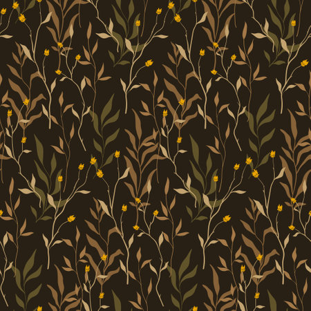 Seamless floral pattern, vintage botanical print of hand drawn autumn botany. Elegant natural design for fabric, paper: small flowers, branches, leaves, herbs on brown background. Vector illustration.のイラスト素材