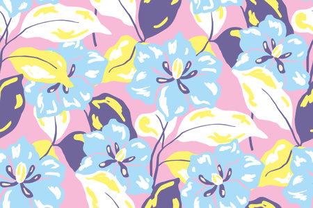 Seamless floral pattern, abstract flower ornament for print on fabric, wallpaper. Simple artistic botany design: large hand drawn lily flowers, leaves in delicate pastel colors. Vector illustration.のイラスト素材