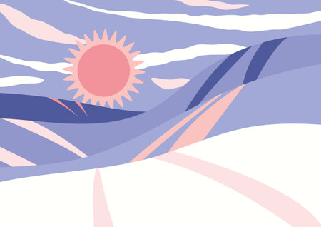 Winter landscape scene with snowy hills and paths on them. Morning sky, twilight with rising sun, snow hills in lilac purple color. Vector illustration.のイラスト素材
