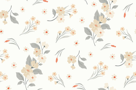 Seamless floral pattern, romantic ditsy print, abstract pattern in delicate pastel colors. Cute botanical design: small hand drawn flowers, tiny twigs, leaves on white. Vector illustration.のイラスト素材
