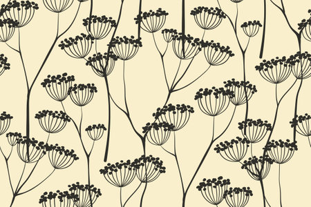 Seamless botanical design, sketch print with dry wild plants. Botanical design, hand drawn texture with small flowers on the branches. Black ink drawing on a white background. Vector illustration.のイラスト素材