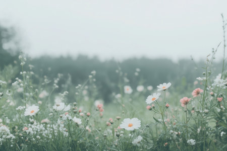 Tranquil Meadow: A serene and ethereal image capturing a misty meadow adorned with delicate wildflowers, creating a calming and peaceful atmosphere.の素材