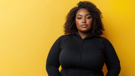 Confident Woman in Black Hoodie Against Yellow Backgroundの素材