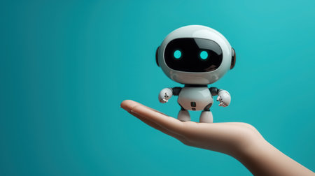 Small cute robot on a human's hand. Person holding a small robot on his arm demonstrating a new technical invention. Isolated on blue background, copy space.の素材