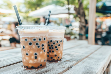 Two Cups of Refreshment: A close-up shot of two iced bubble tea drinks with tapioca pearls, resting on a wooden table with a blurred background of a bustling outdoor cafe.の素材