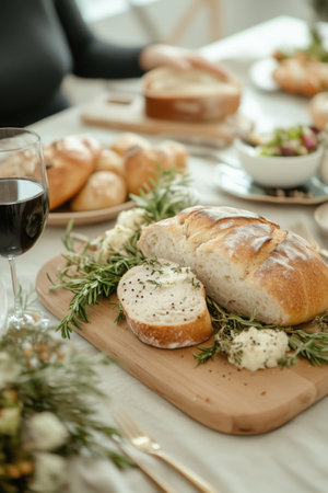 Artisan Bread and Wine: A rustic, inviting table setting features a freshly baked loaf of artisan bread, served with butter and herbs, accompanied by a glass of red wine. Perfect for culinary blogs.の素材