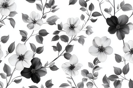 Elegant Floral Monochrome Pattern: A pattern featuring delicate, black and white blossoms and leaves, creating a timeless and sophisticated design.の素材