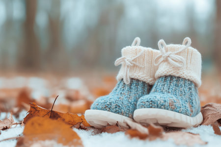 Tiny Steps in Autumn: Adorable knitted baby booties nestled amongst fallen leaves in a snowy forest scene. A heartwarming image evoking feelings of warmth, new beginnings, and the beauty of nature.の素材
