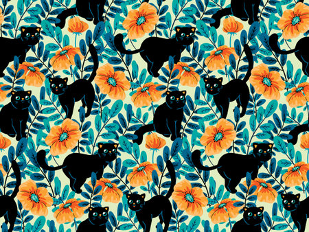 Seamless floral pattern with animals and plants. Cute retro motif botanical design for print: hand drawn black cats, cute kittens among large flowers, leaves. Vector illustration.のイラスト素材