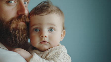 Father and Baby Bond: A close-up portrait of a father cradling his baby, their eyes meeting in a moment of shared love and connection. The image evokes feelings of warmth, tenderness.の素材