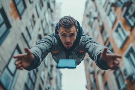 Man Falling From Building, Reaching for Phone: A man plummets toward the ground, desperately reaching for his phone in a dramatic, suspenseful image. The perspective is from below.の素材