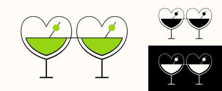 Two connected martini glasses in the shape of a heart. Simple clip art, two isolated drinks in a glass. Graphic design element for logo, icon, brand sign, other. Vector illustration.のイラスト素材