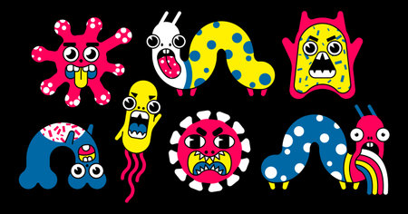 A set of stickers with cartoon trippy monsters. Collection with cute characters of viruses and bacteria in psychedelic cartoon style. Isolated cartoons on a black background. Vector illustration.のイラスト素材
