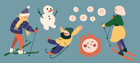 Winter fun set: people in outerwear, man and woman skiing, laughing child sledding, cute cartoon snowman. Wintertime outdoors leisure. Hand drawn vector illustration.のイラスト素材