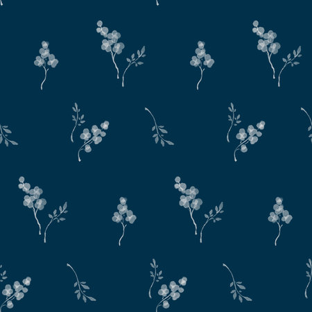 Seamless floral pattern, delicate ditsy print of mini hand-drawn plants on a blue background. Pretty watercolor botanical design of small white flowers, tiny twigs, leaves. Rustic wallpaper motif.の写真素材