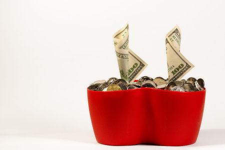 Money and financial concept.The sprouts of the American dollar in a flower pot are isolated on a...