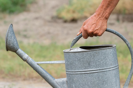 Man hold big watering can. Man with watering can in garden. Gardening and watering plants. Gardening concept. Summer heat. Rustic style.の写真素材