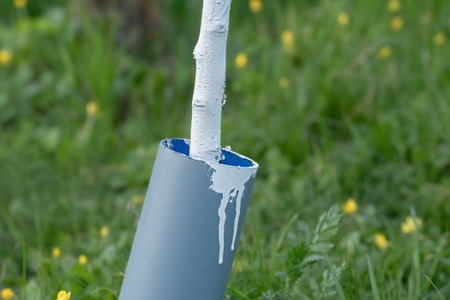 Whitewashing tree bark in season.Caring for young trees and bushes.の写真素材