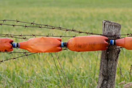 An original fence of plastic bottles.Fence in the garden from cattle in Ukraine.の写真素材
