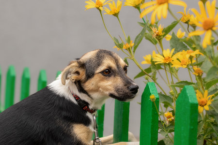 Dog portrait on the background of autumn flowers close-up.の写真素材